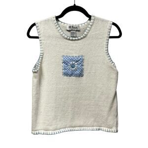 Vintage All Points White Blue Flower Embroidered Sweater Tank Top Womens Small